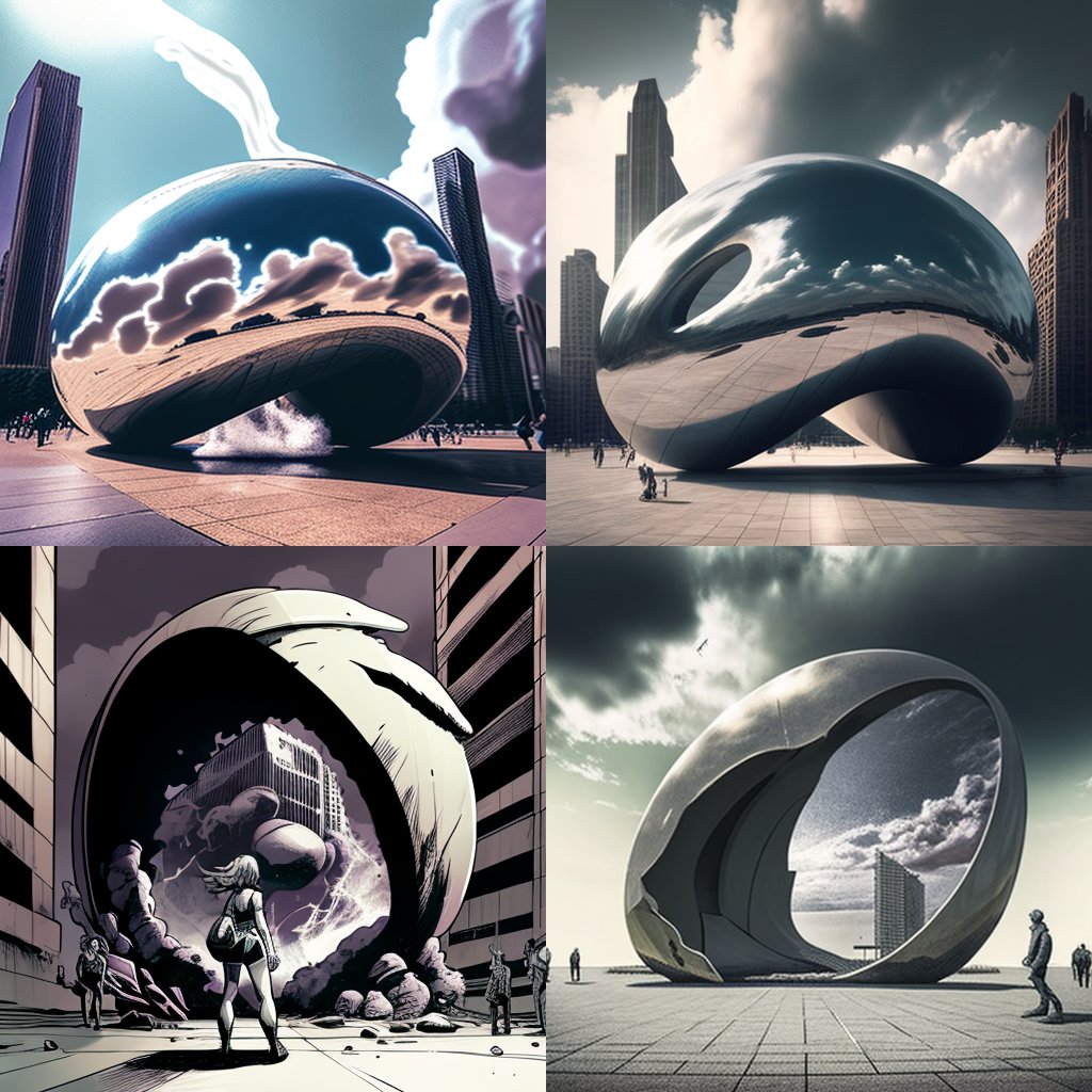 Four variations of a chrome bean beside skyscrapers