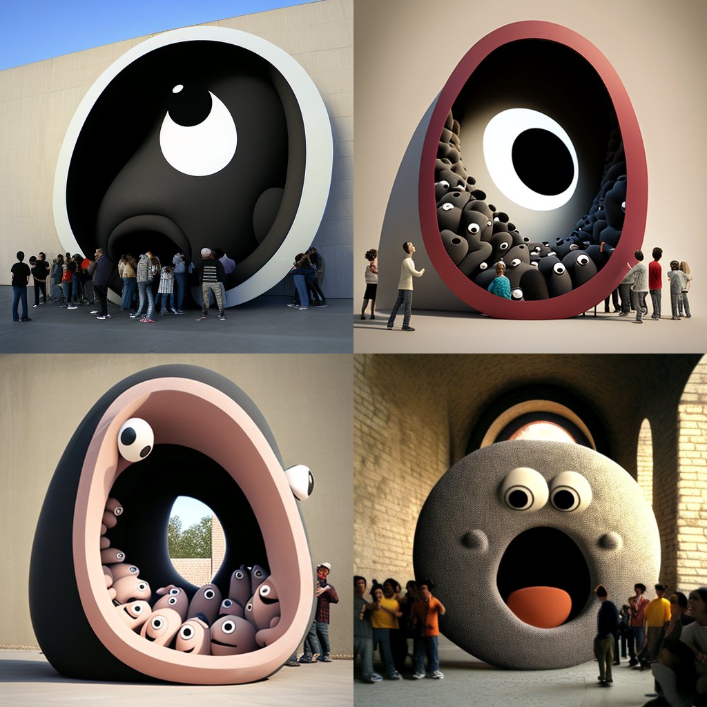 Four variations of sculptures with eyes and mouths