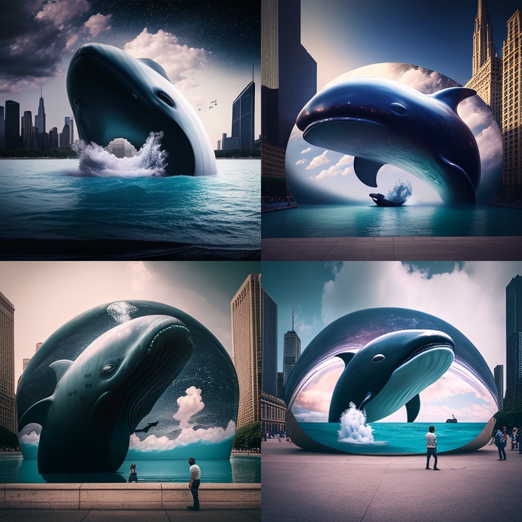 Four variations of whales beside city towers