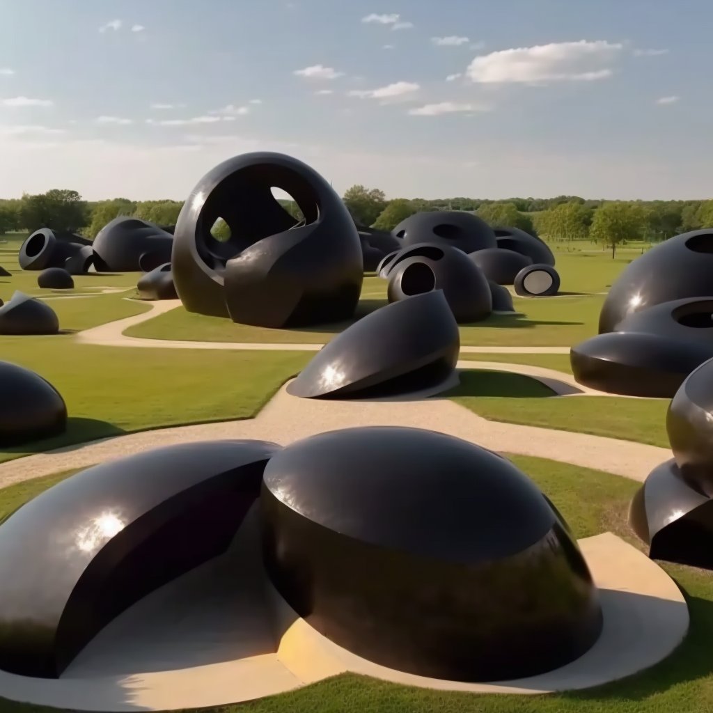 Dozens of black bean sculptures scattered across a large park