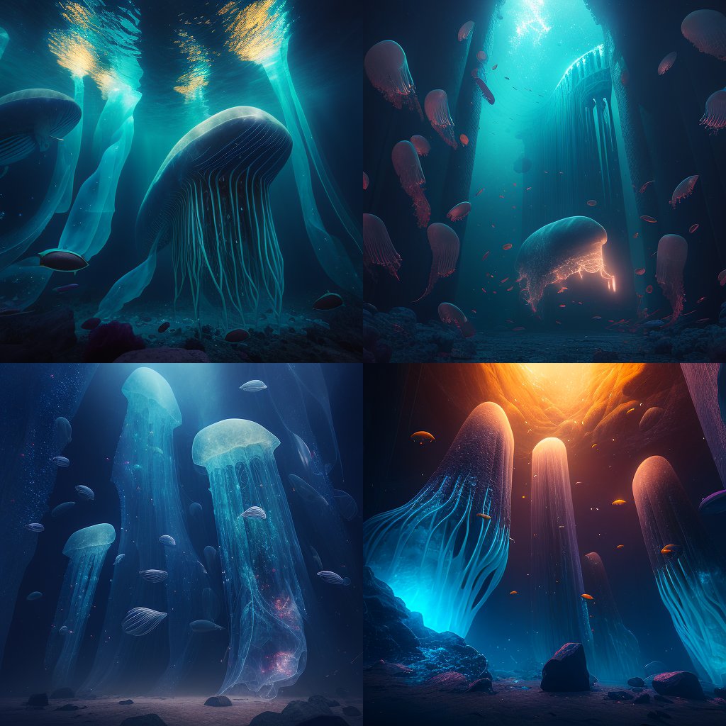 Four variations of glowing jellyfish in a deep blue space