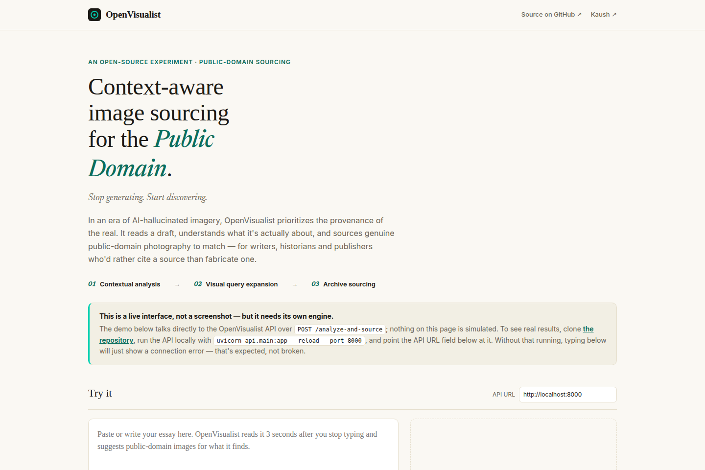 OpenVisualist live demo — writing zone and curation zone